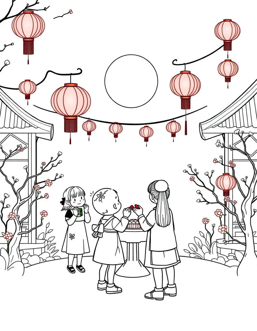 (Malaysia) Chinese families lighting red lanterns and eating mooncakes for Mid-Autumn Festival
