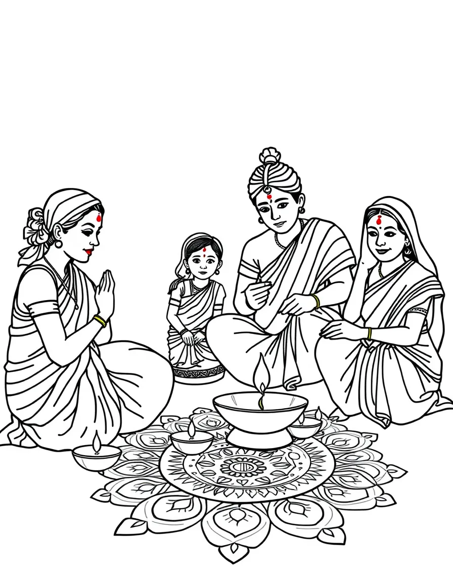(Malaysia) Hindu families lighting clay oil lamps (diyas) and making kolam patterns for Deepavali