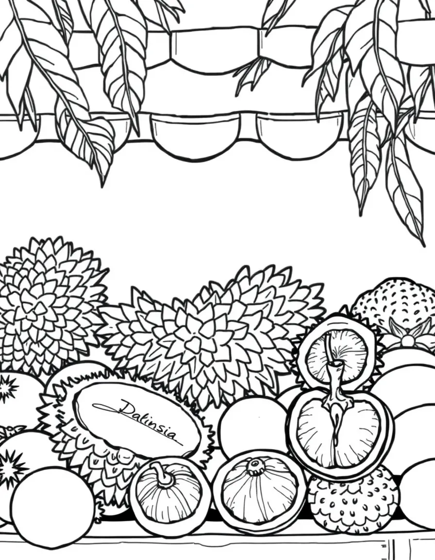 (Malaysia) Durian fruit and other tropical fruits like mangosteen and rambutan piled up at a fruit stand