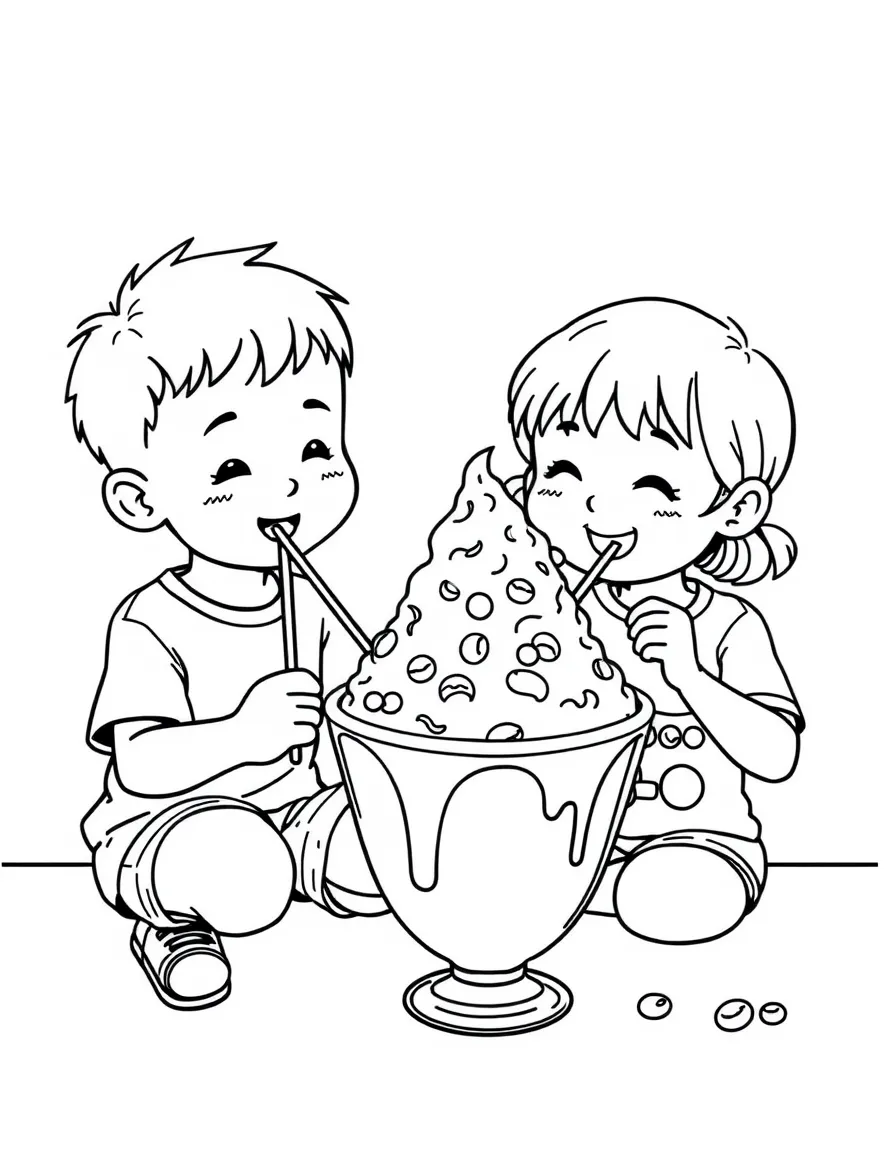 (Malaysia) Children eating ice kacang (shaved ice dessert with syrup, beans, and jelly) on a hot day