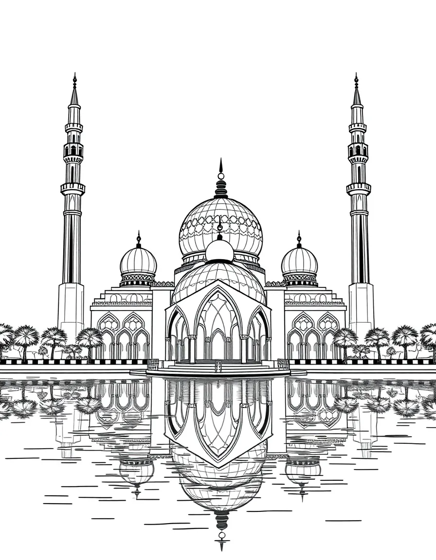 (Malaysia) The Crystal Mosque in Terengganu with its glass domes reflecting on the water