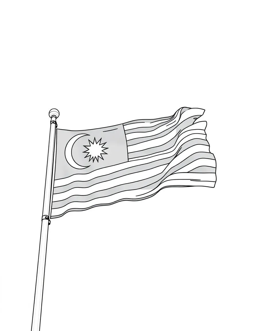 (Malaysia) A Malaysian flag (Jalur Gemilang) flying high against a blue sky