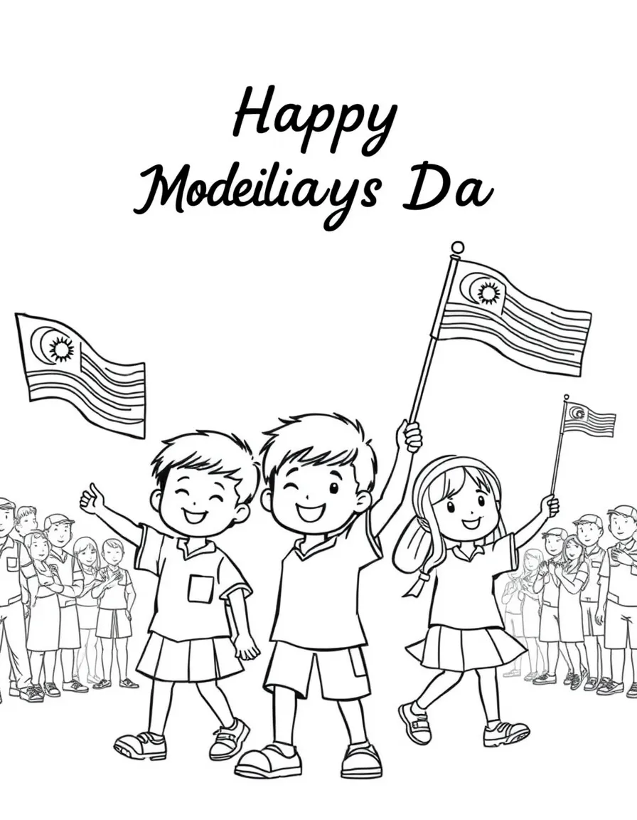 (Malaysia) Kids doing the Merdeka (Independence Day) parade waving flags and smiling