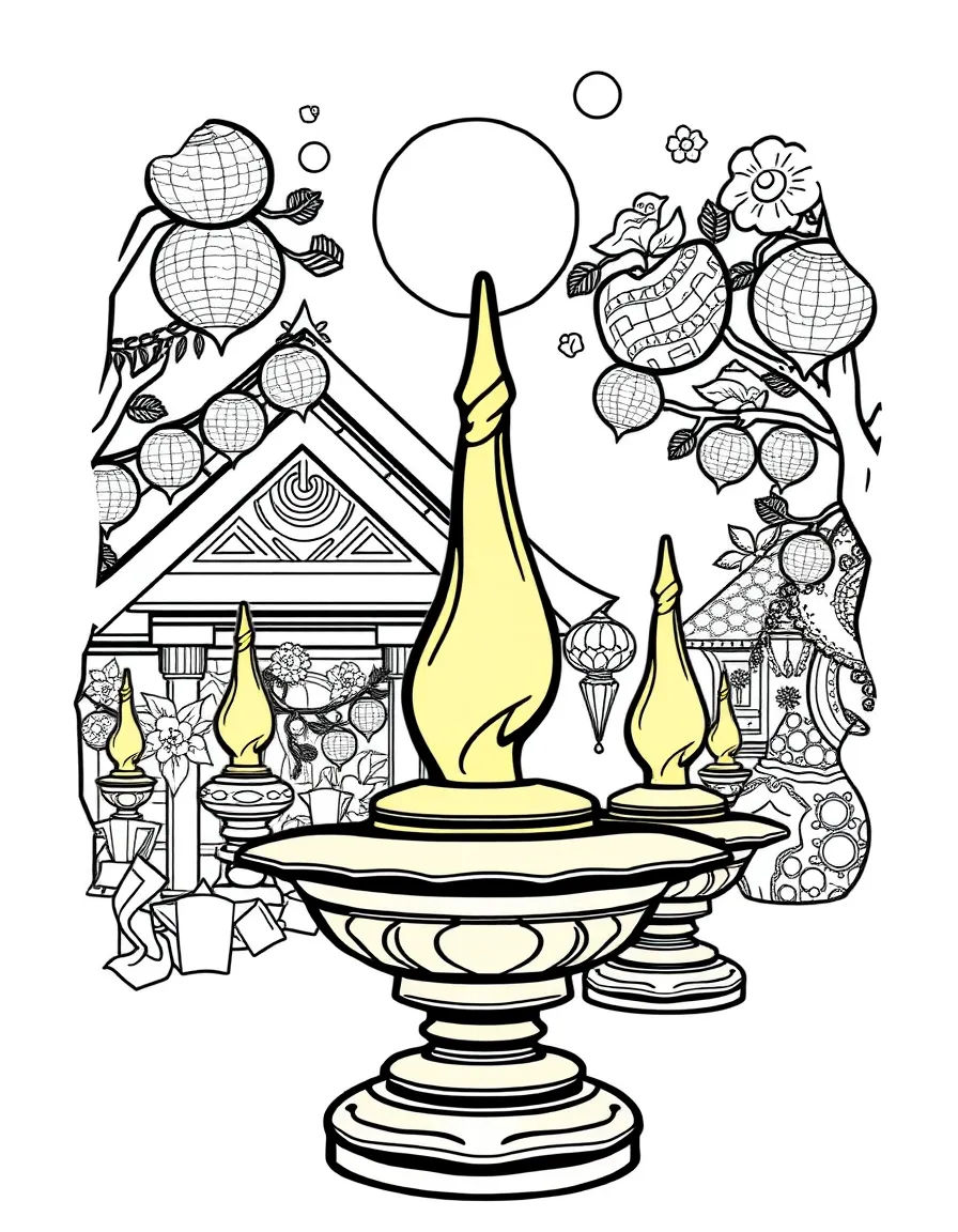 (Malaysia) Traditional Malay brass oil lamps (pelita) glowing at night during festive seasons