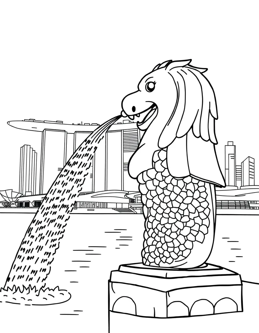(Singapore) The Merlion statue at Marina Bay spouting water, with the city skyline behind it