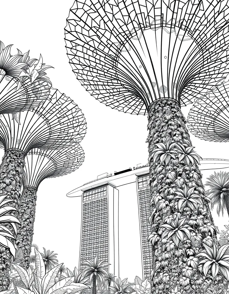 (Singapore) A Supertree Grove in Gardens by the Bay with giant tree-like structures covered in plants