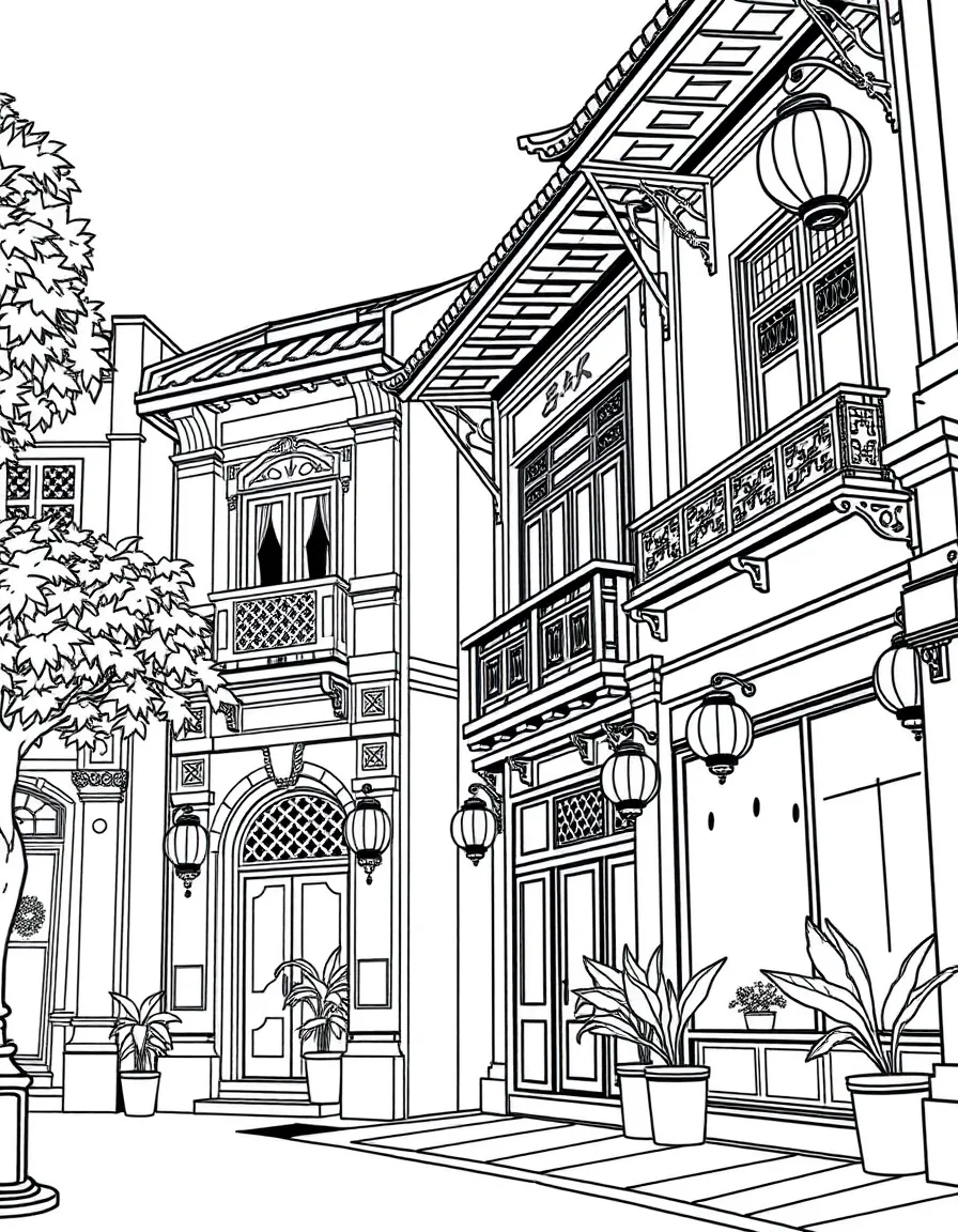 (Singapore) Colorful shophouses in Singapore’s Chinatown with ornate windows and lanterns