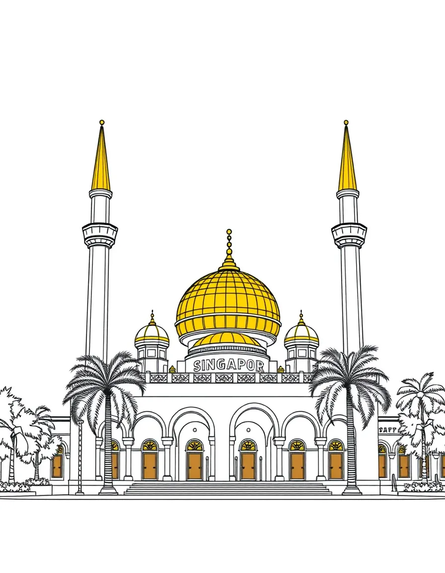 (Singapore) The Sultan Mosque in Kampong Glam with its large golden dome and palm trees