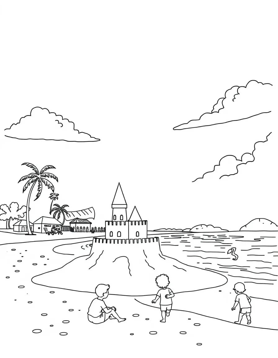 (Singapore) A scene of Sentosa Island’s beach with a sandcastle and kids playing by the water