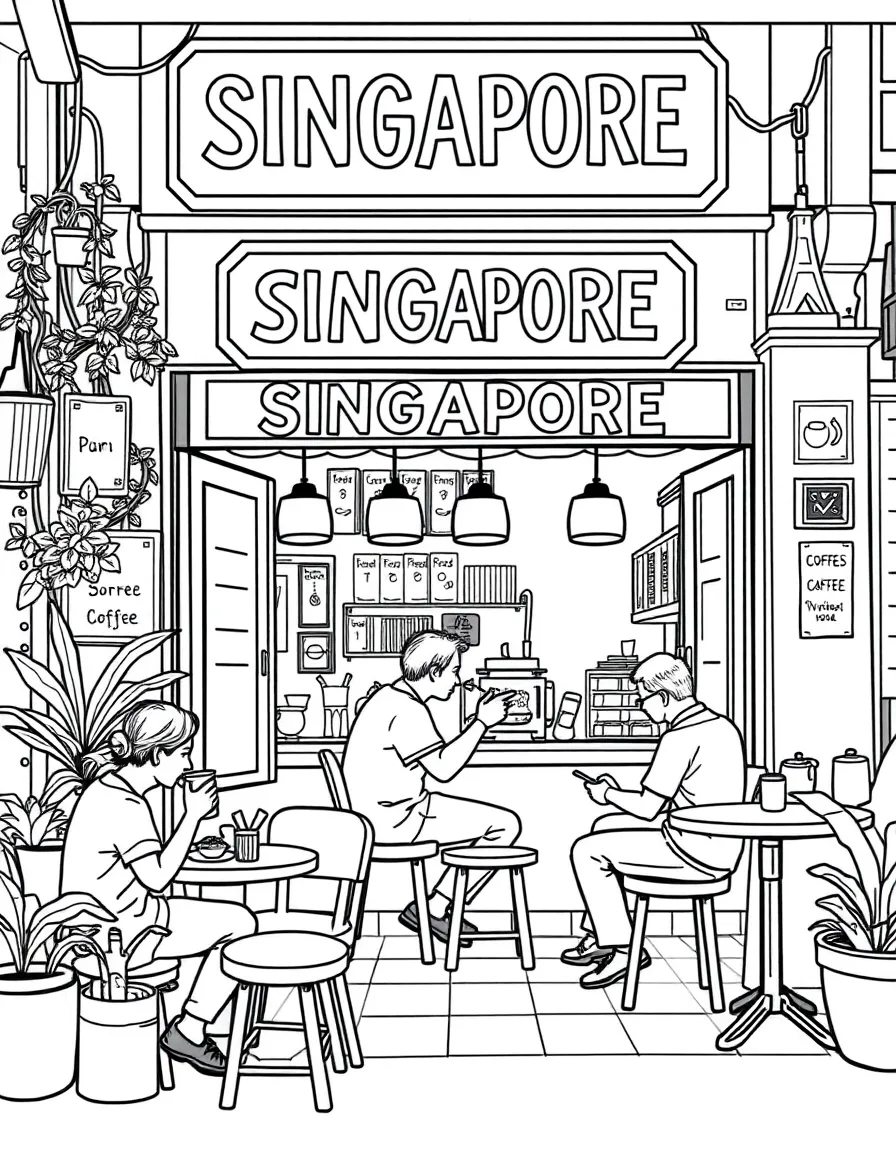 (Singapore) An old Singaporean shophouse coffee shop with people enjoying kopi and kaya toast