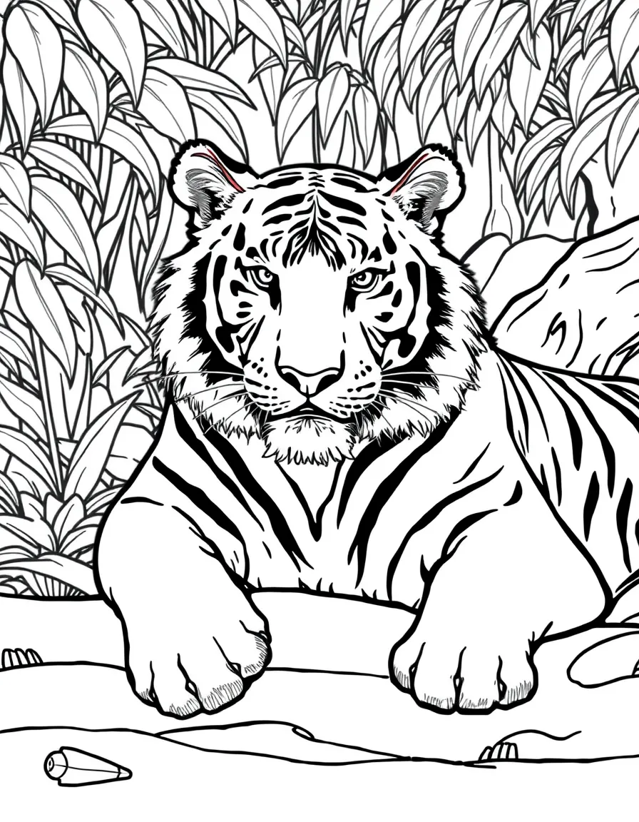 (Singapore) A white tiger lounging in its habitat (like one from the Singapore Zoo)