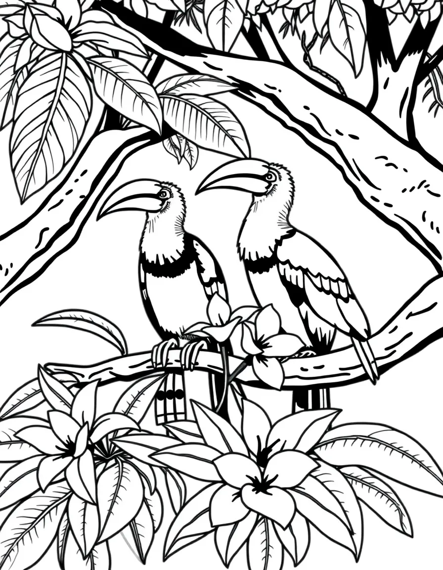 (Singapore) A pair of Oriental pied hornbills perched on a frangipani tree in a park