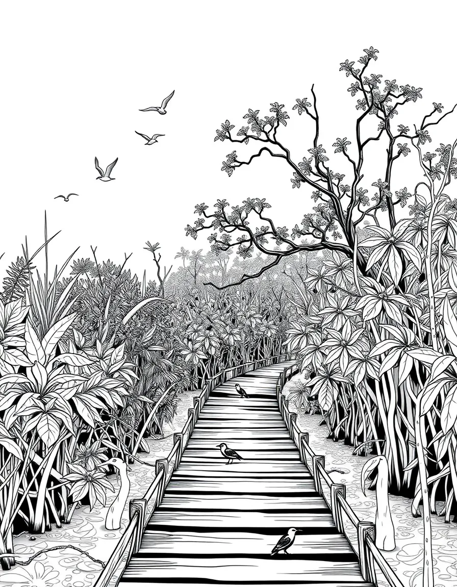 (Singapore) A lush mangrove boardwalk at Sungei Buloh Wetland Reserve with birds and mudskippers