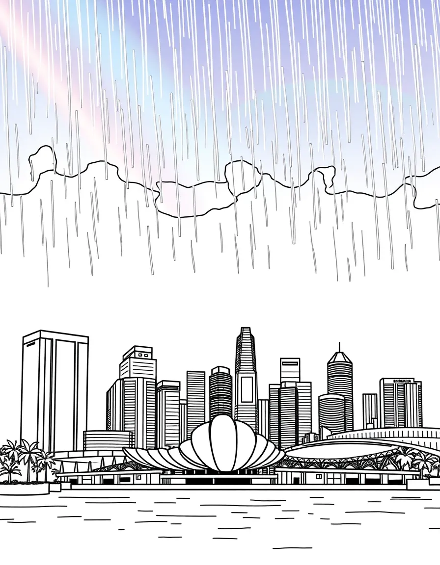 (Singapore) The city skyline with a rainbow after a tropical rain, above the CBD area