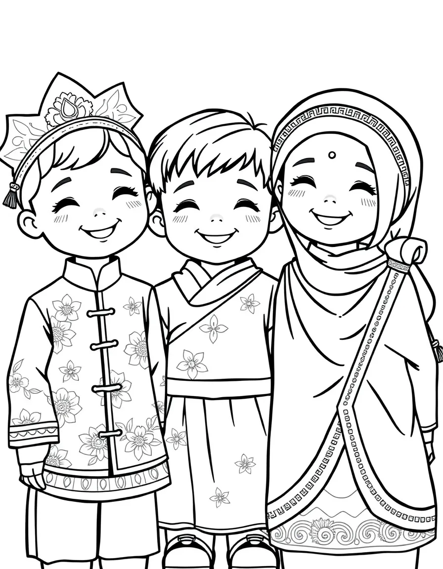 (Singapore) Children of Chinese, Malay, and Indian heritage smiling together in traditional costumes