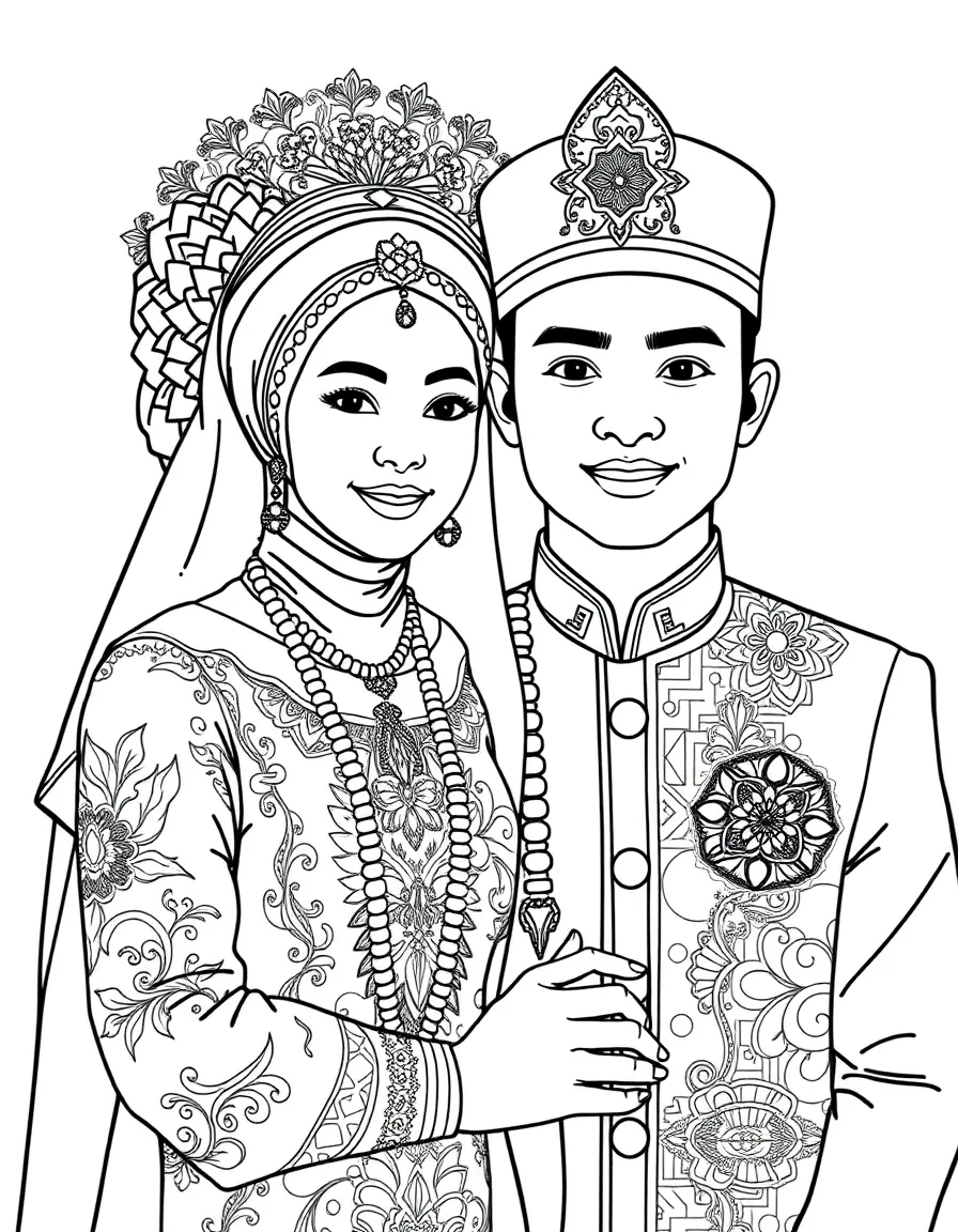 (Singapore) A Malay bride and groom in traditional wedding attire (songket fabric and tanjak headpiece for the groom)