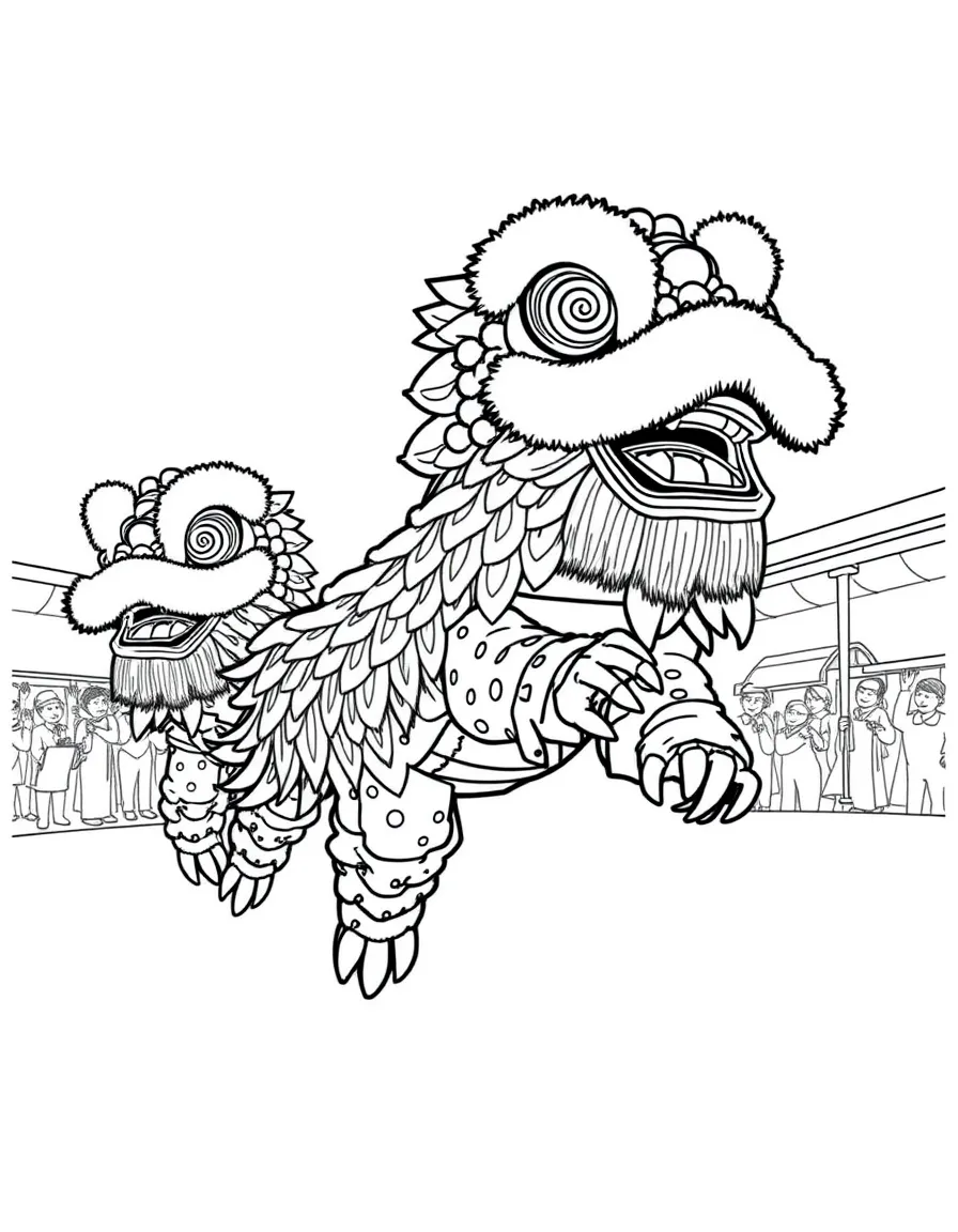 (Singapore) Lion dancers in mid-jump, performing during Chinese New Year celebrations