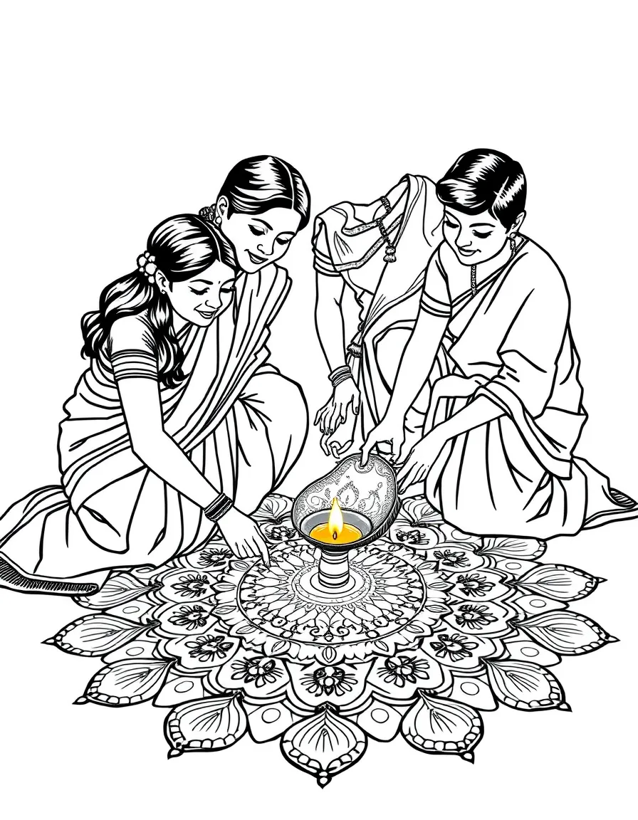 (Singapore) An Indian family creating a bright colored rangoli pattern on the floor for Deepavali