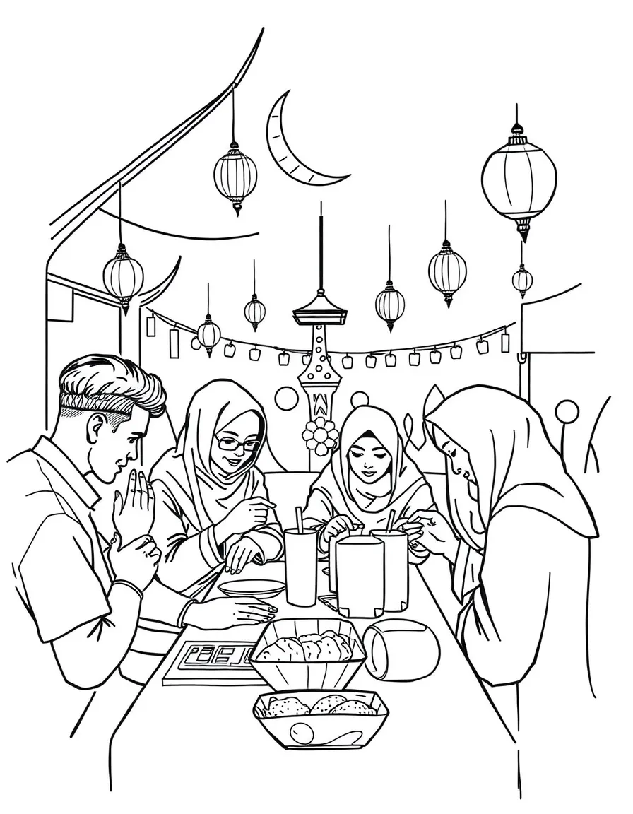 (Singapore) Friends breaking fast together at a Ramadan bazaar in Geylang Serai