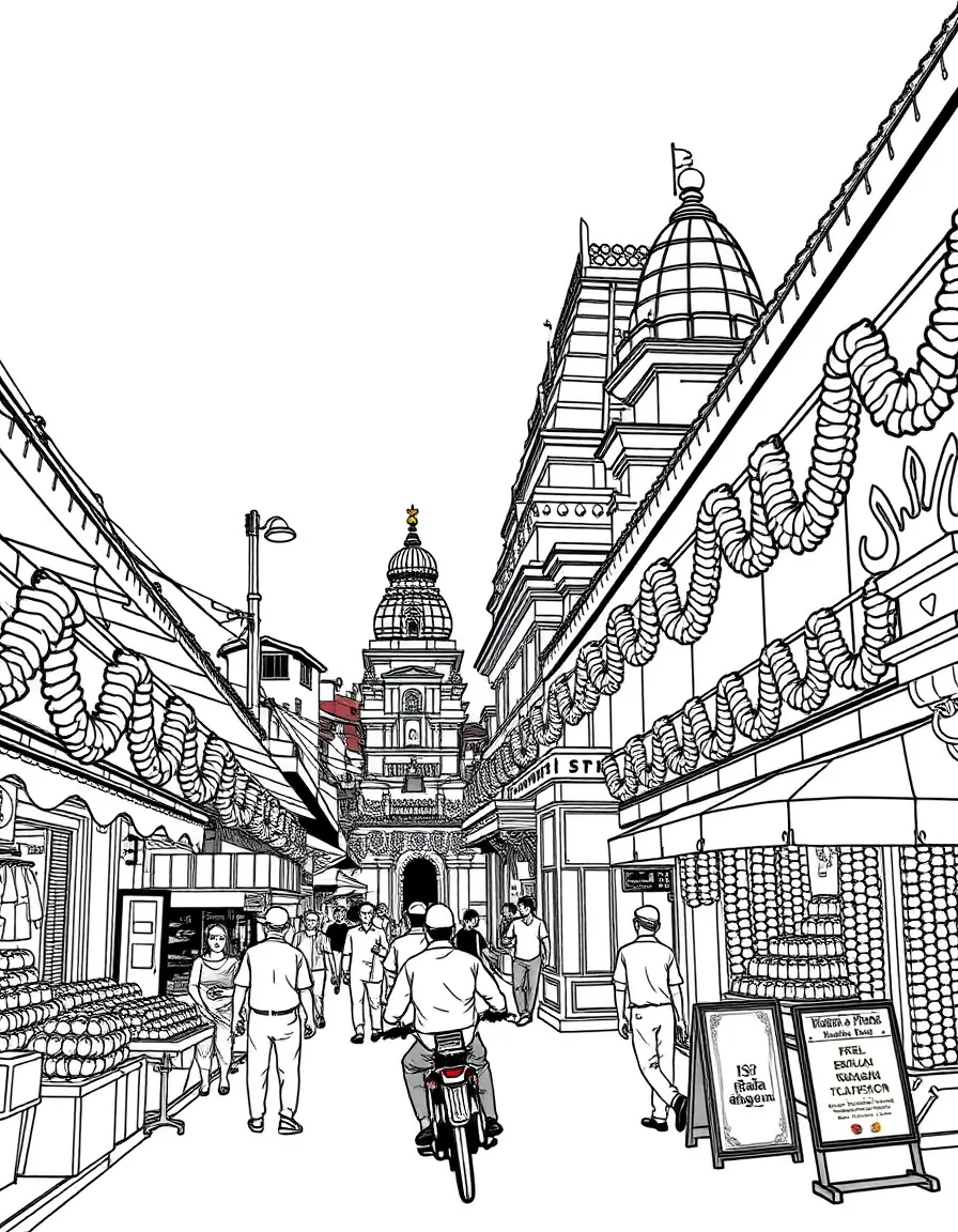 (Singapore) A street scene from Little India with garland shops and the Sri Veeramakaliamman Temple