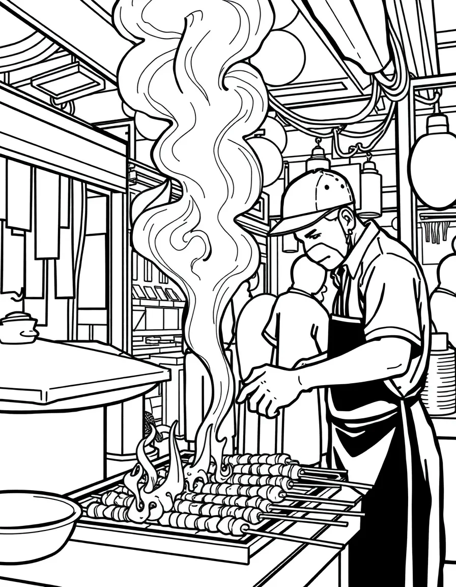 (Singapore) A vendor at a hawker center flipping satay skewers on a grill with smoke rising