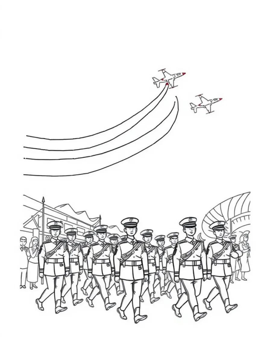 (Singapore) The National Day Parade with soldiers marching and jets flying overhead leaving colored trails