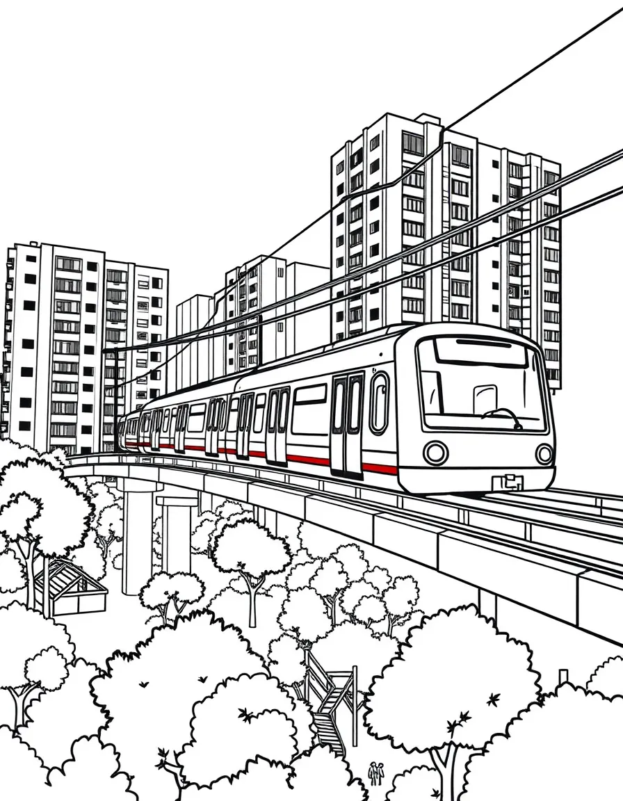 (Singapore) A Singapore MRT train traveling above ground past HDB apartment blocks with playgrounds below