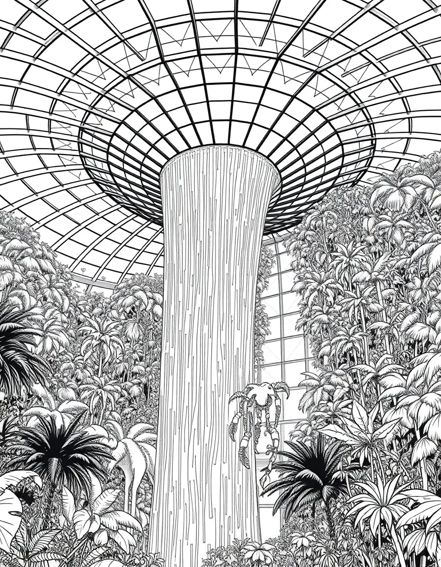 (Singapore) The Changi Airport indoor waterfall (Rain Vortex) surrounded by lush indoor forest
