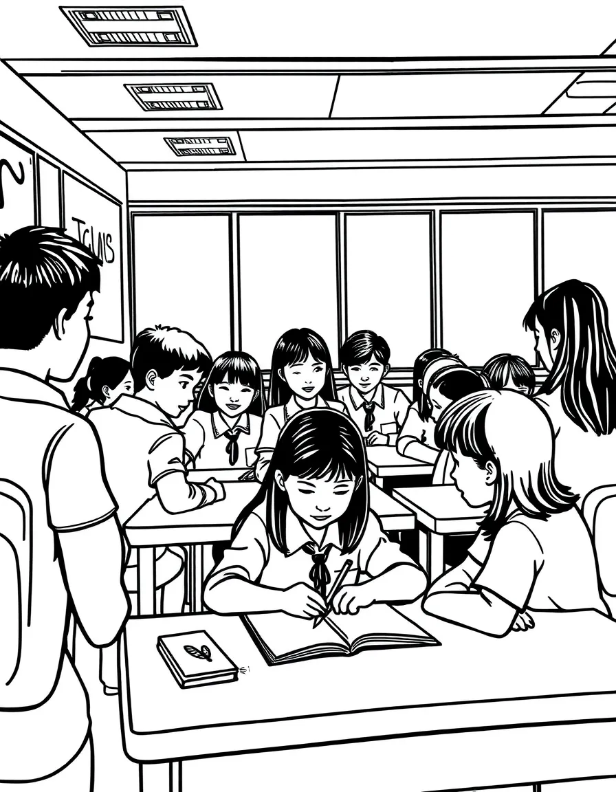 (Singapore) A classroom of students in Singapore wearing school uniforms and learning together