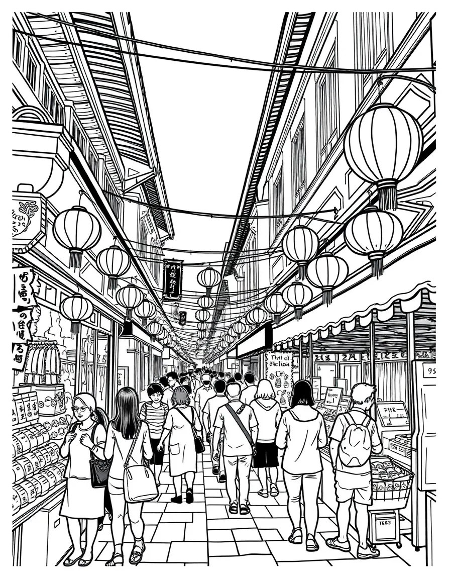 (Singapore) A bustling Chinatown street market with lanterns, souvenirs, and people shopping