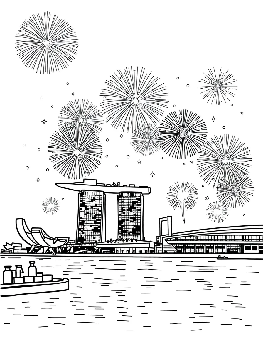 (Singapore) Marina Bay lit up with fireworks during the New Year celebrations