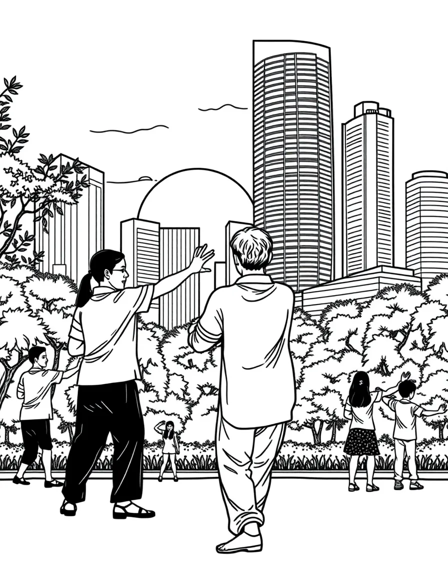 (Singapore) People practicing tai chi at dawn in an open park with the city in the background