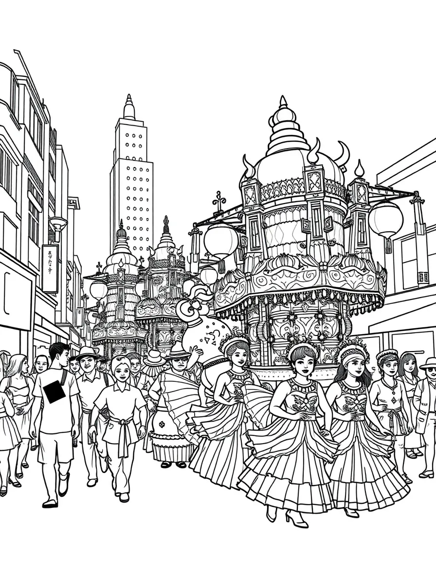 (Singapore) Colorful floats and dancers in Singapore’s Chingay Parade (annual street carnival)