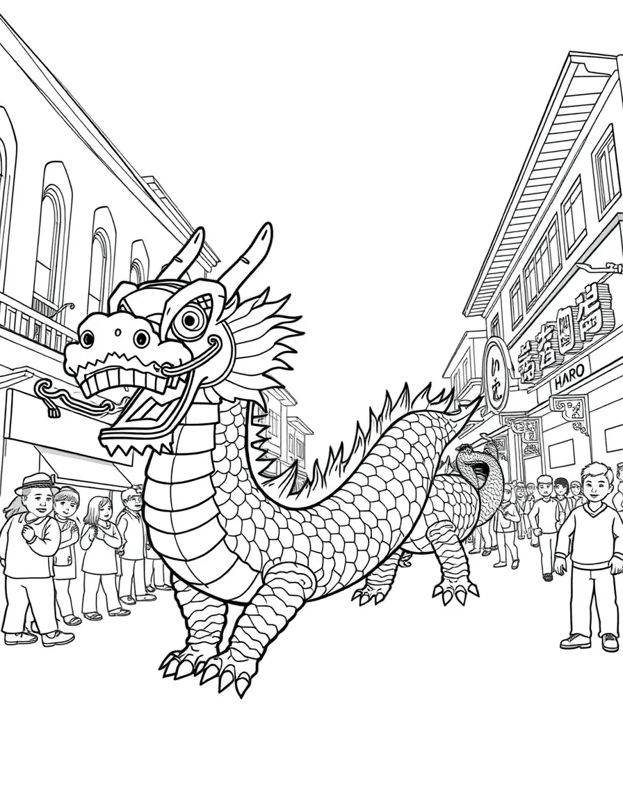 (Singapore) A long Chinese dragon dance winding through the street during Lunar New Year celebrations