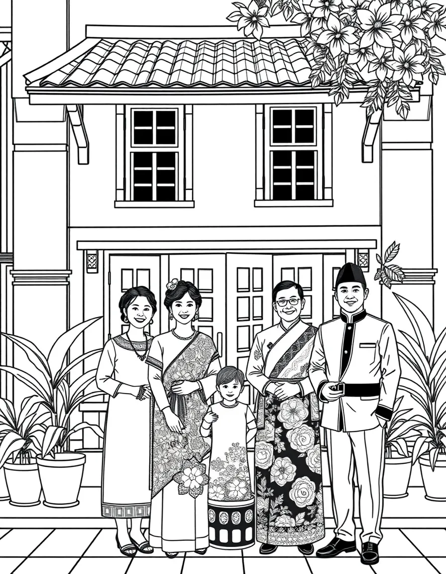 (Singapore) A Peranakan family in traditional dress posing in front of a pastel-colored Peranakan shophouse