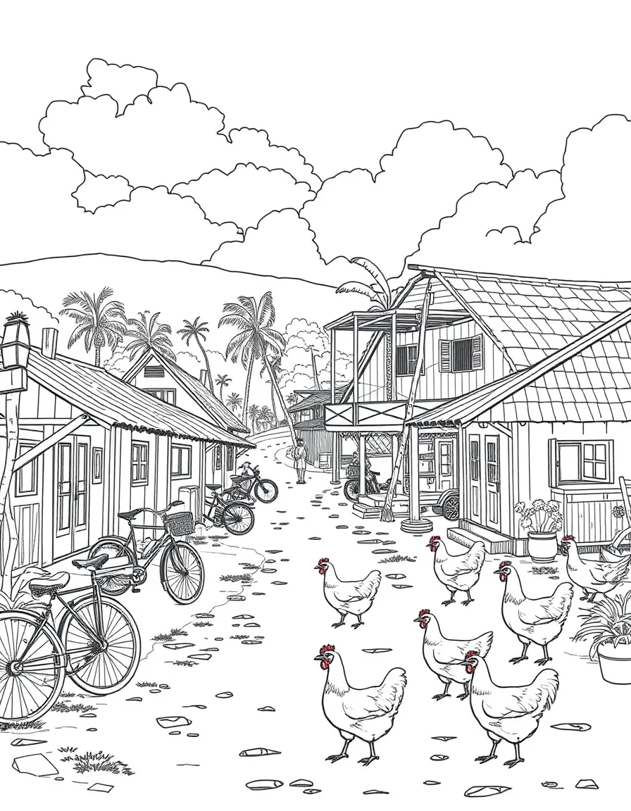 (Singapore) Pulau Ubin island village scene with wooden kampong houses, bicycles, and chickens wandering around