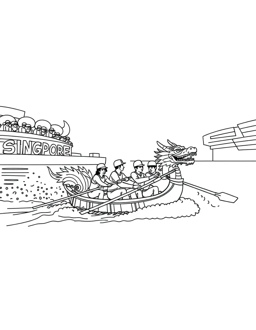 (Singapore) A dragon boat team paddling in sync during a race on the Singapore River