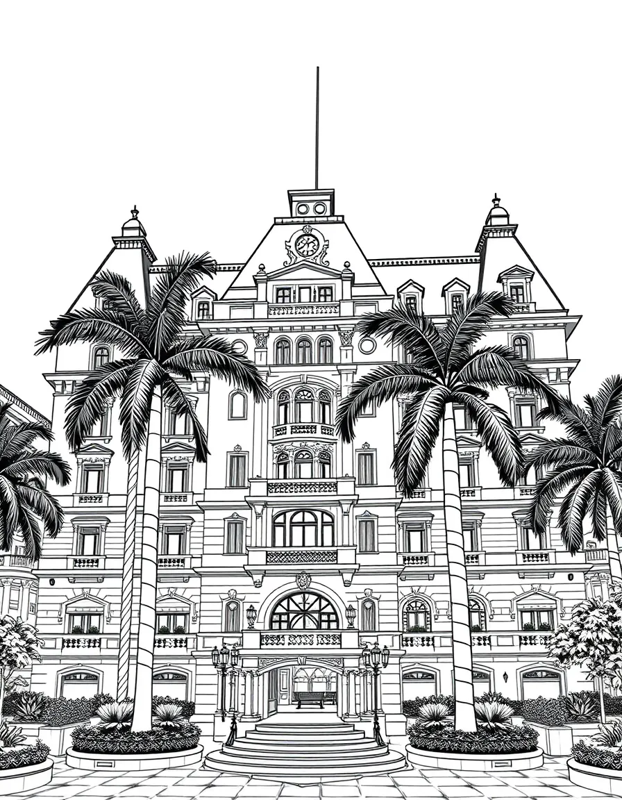 (Singapore) The historic Raffles Hotel with its elegant white colonial architecture and palm courtyard