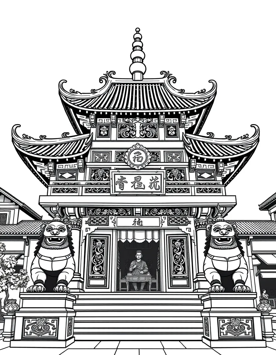 (Singapore) The Thian Hock Keng Temple in Chinatown with its ornate carvings and guardian lion statues