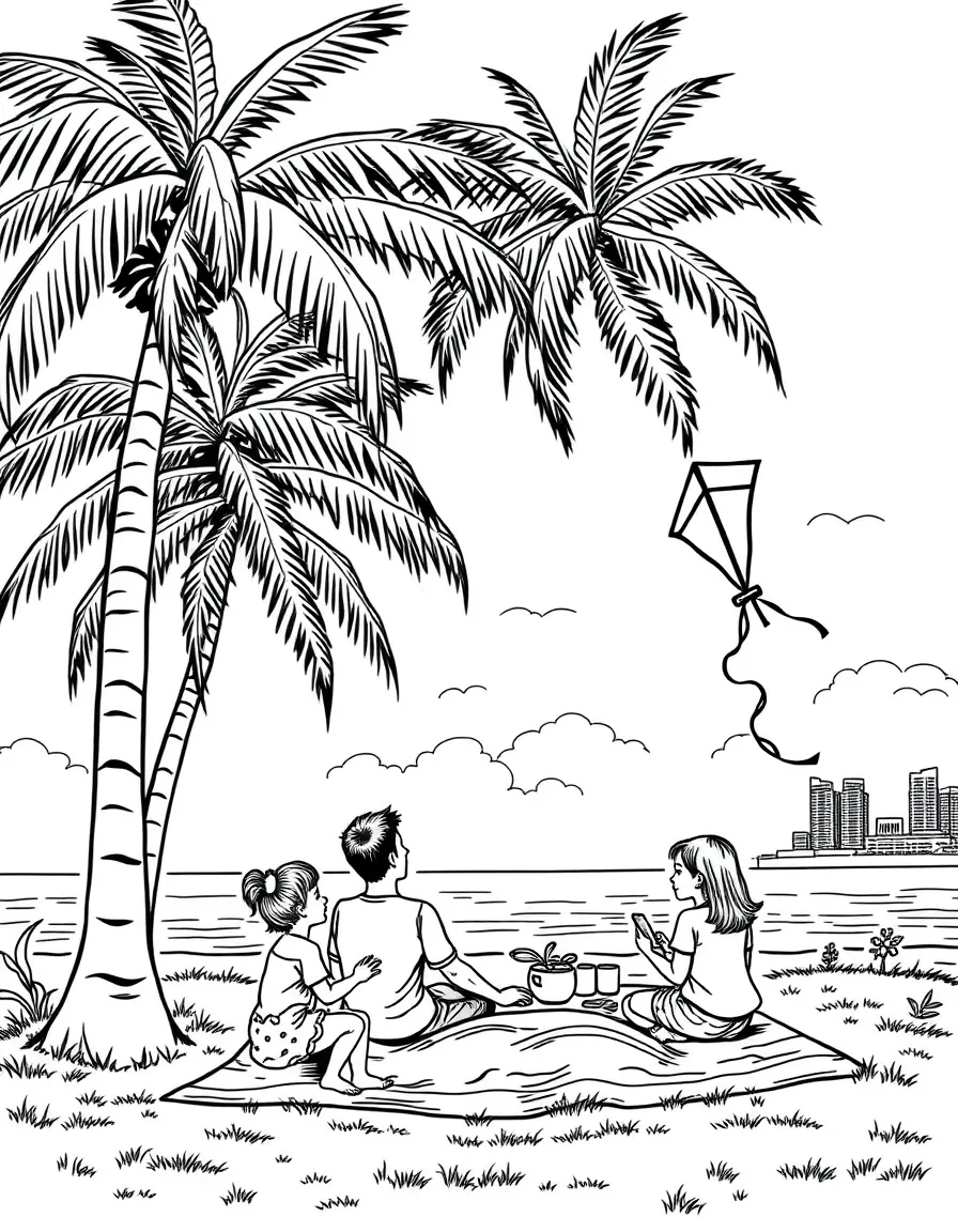 (Singapore) A family having a picnic at East Coast Park, flying kites under swaying coconut trees