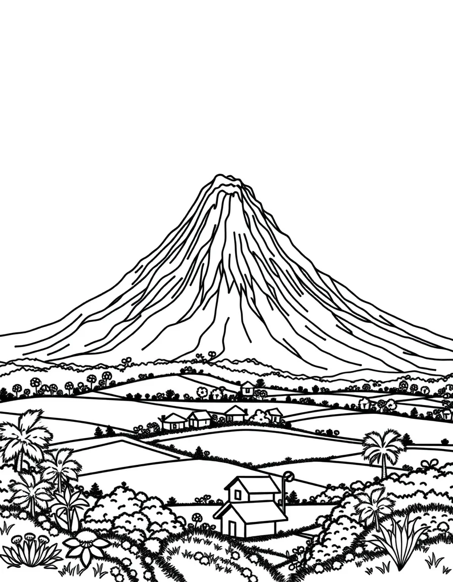 (Philippines) The perfect cone of Mayon Volcano rising above green fields and small houses
