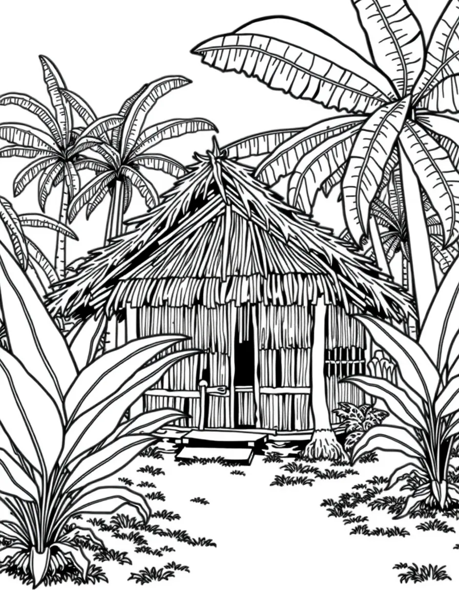 (Philippines) A traditional bahay kubo (nipa hut) in a rural village surrounded by banana and coconut trees