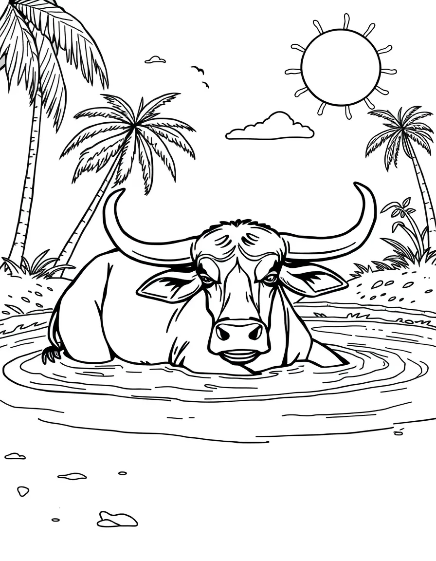 (Philippines) A carabao (water buffalo) relaxing in a mud pool under the tropical sun