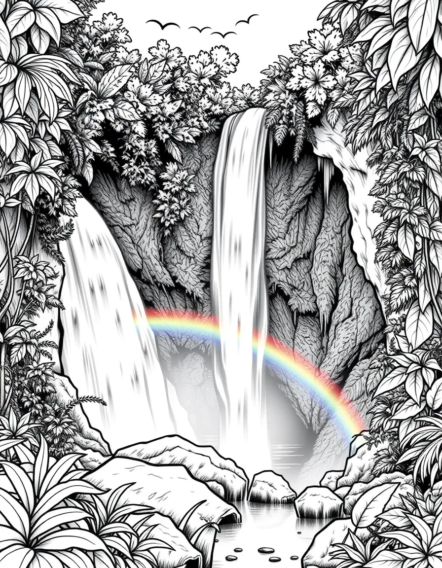 (Philippines) A lush jungle waterfall like Pagsanjan Falls with rainbows in the mist