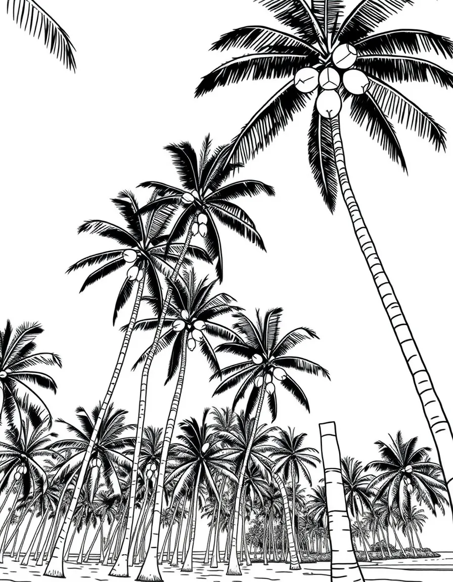 (Philippines) Tall coconut palm trees laden with coconuts on a tropical beach