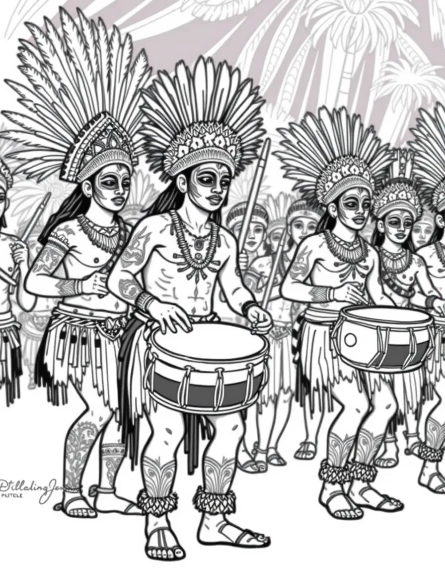 (Philippines) People in tribal attire and body paint at the Ati-Atihan Festival dancing with drums