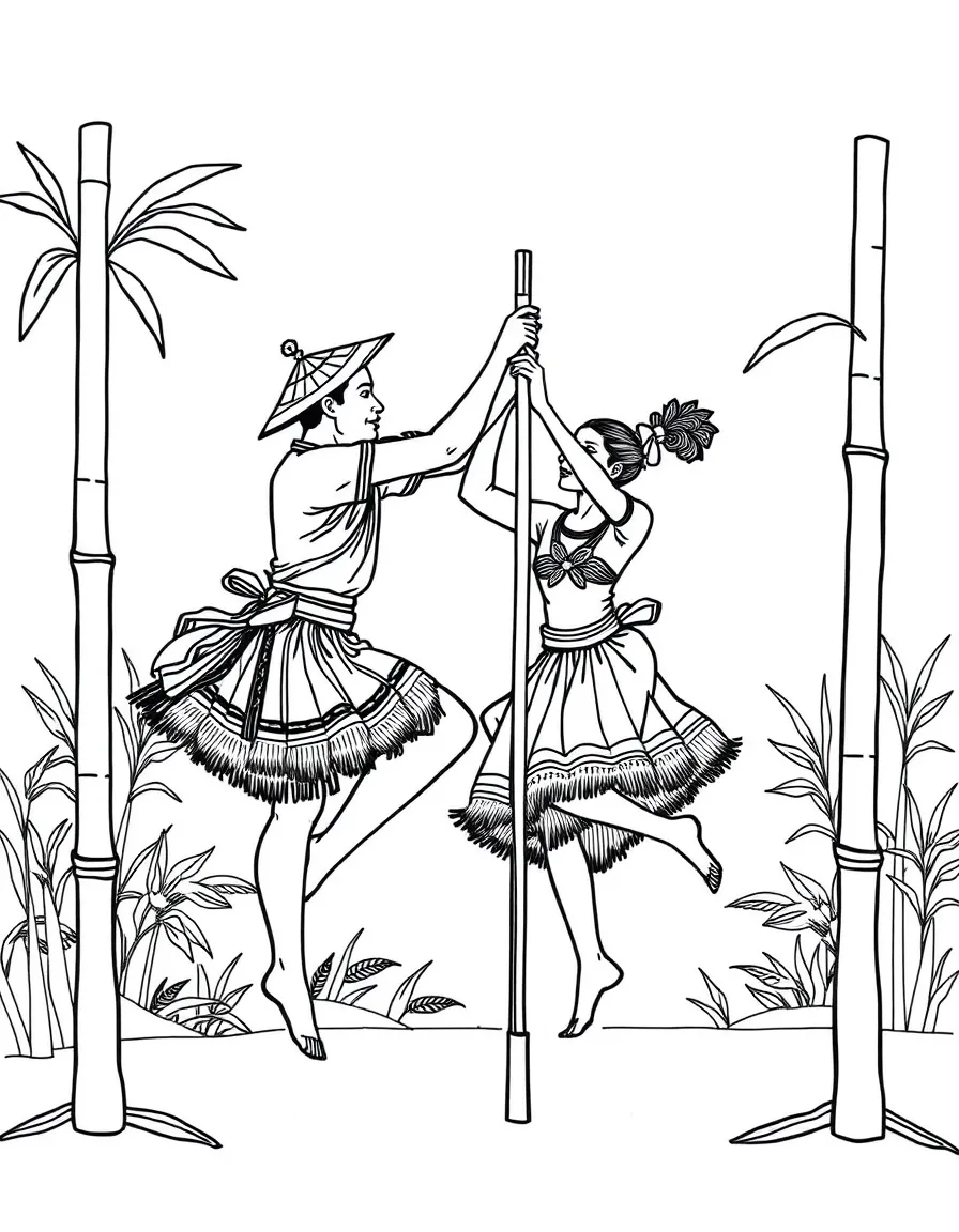 (Philippines) A pair of dancers doing the tinikling dance, skillfully hopping between bamboo poles