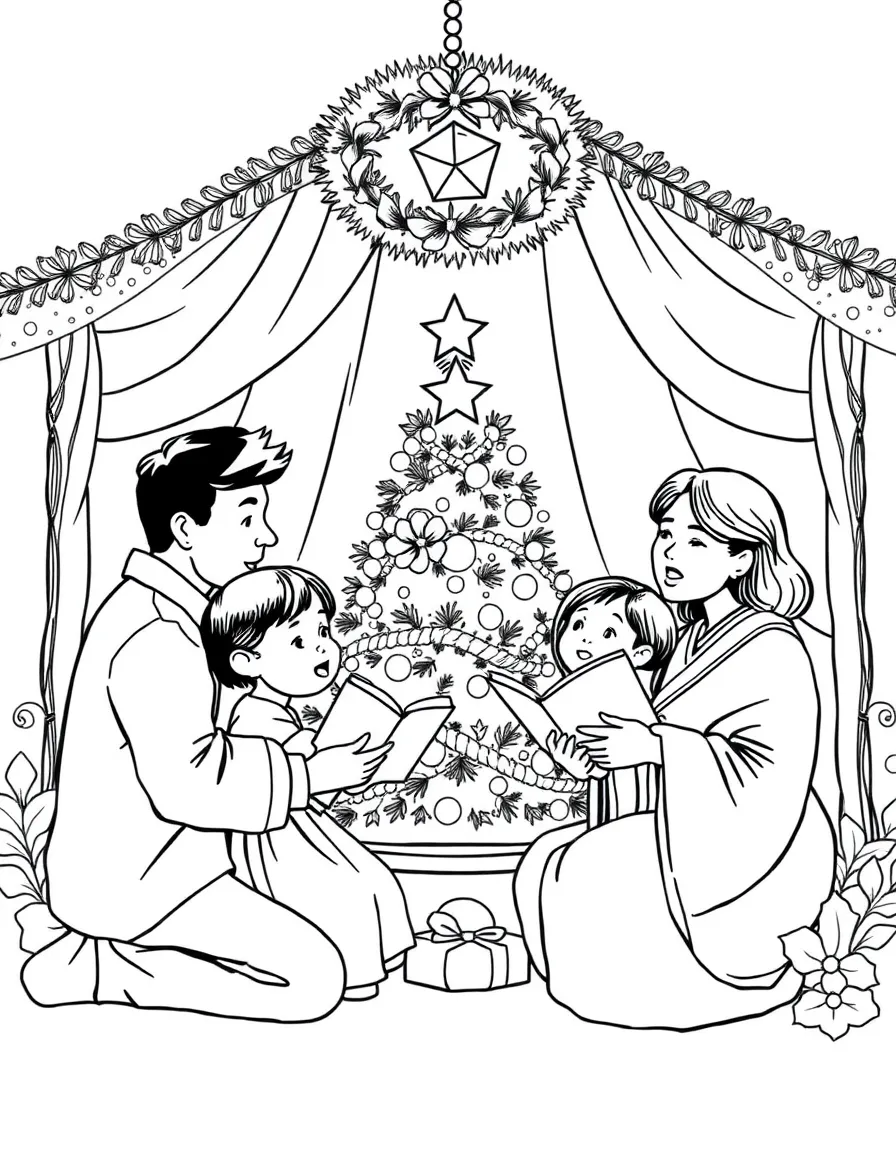 (Philippines) A family singing carols around a parol and Christmas tree during a Filipino Christmas