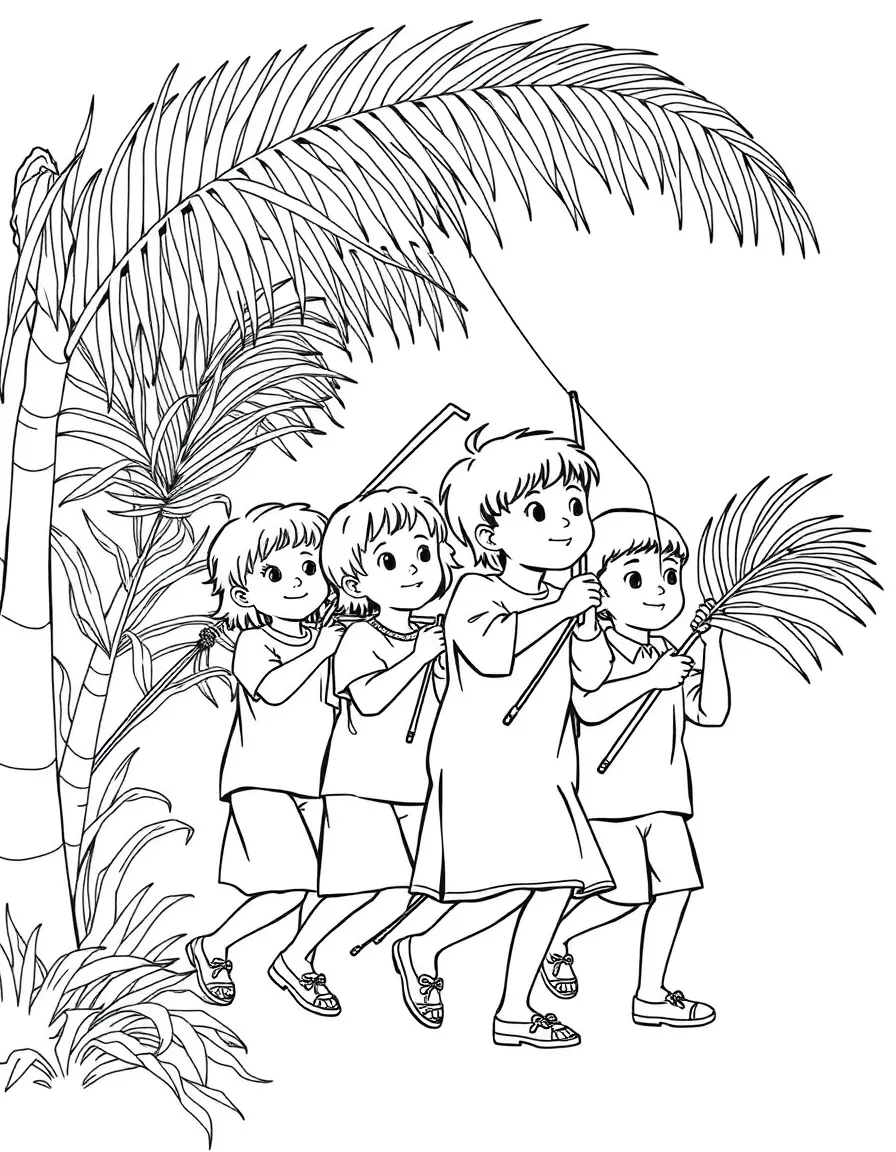 (Philippines) Children carrying palm fronds on Palm Sunday outside a church (Holy Week tradition)