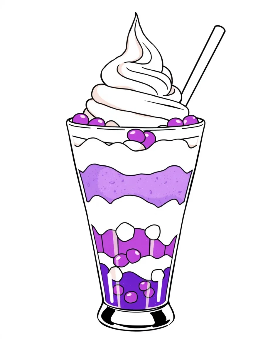 (Philippines) A halo-halo dessert in a tall glass, layered with ube (purple yam), jelly, beans, and ice cream on top